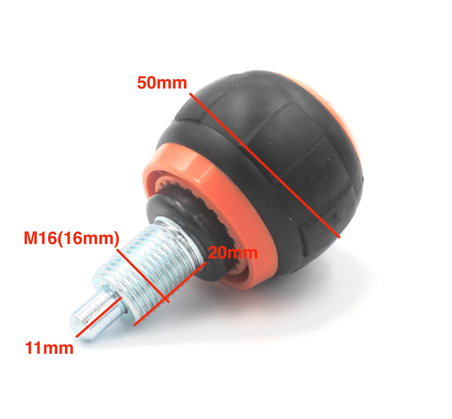Säätöruuvi M16 x 20mm – jousitoiminen, oranssi/musta nuppi 50 mm