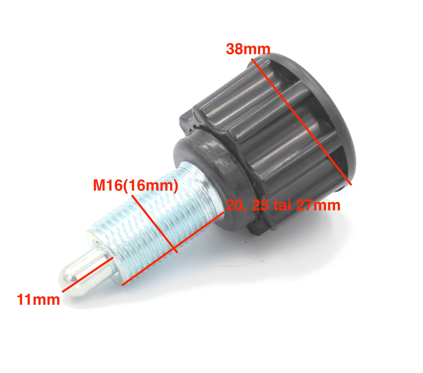 Säätöruuvi M16 x eri pituuksia – jousitoiminen, musta nuppi 38 mm
