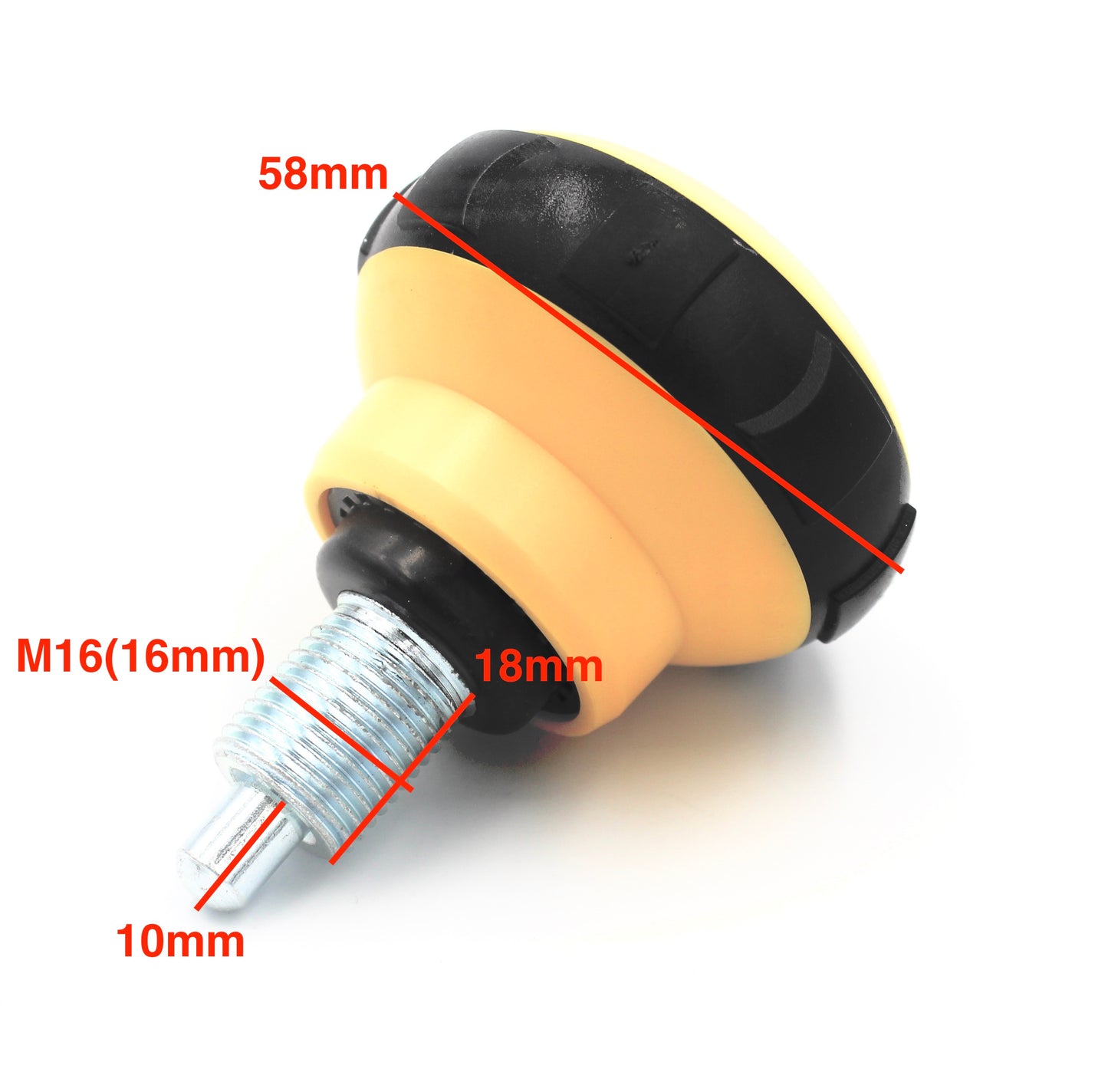 Säätöruuvi M16 x 20mm – jousitoiminen, keltainen/musta nuppi 58 mm
