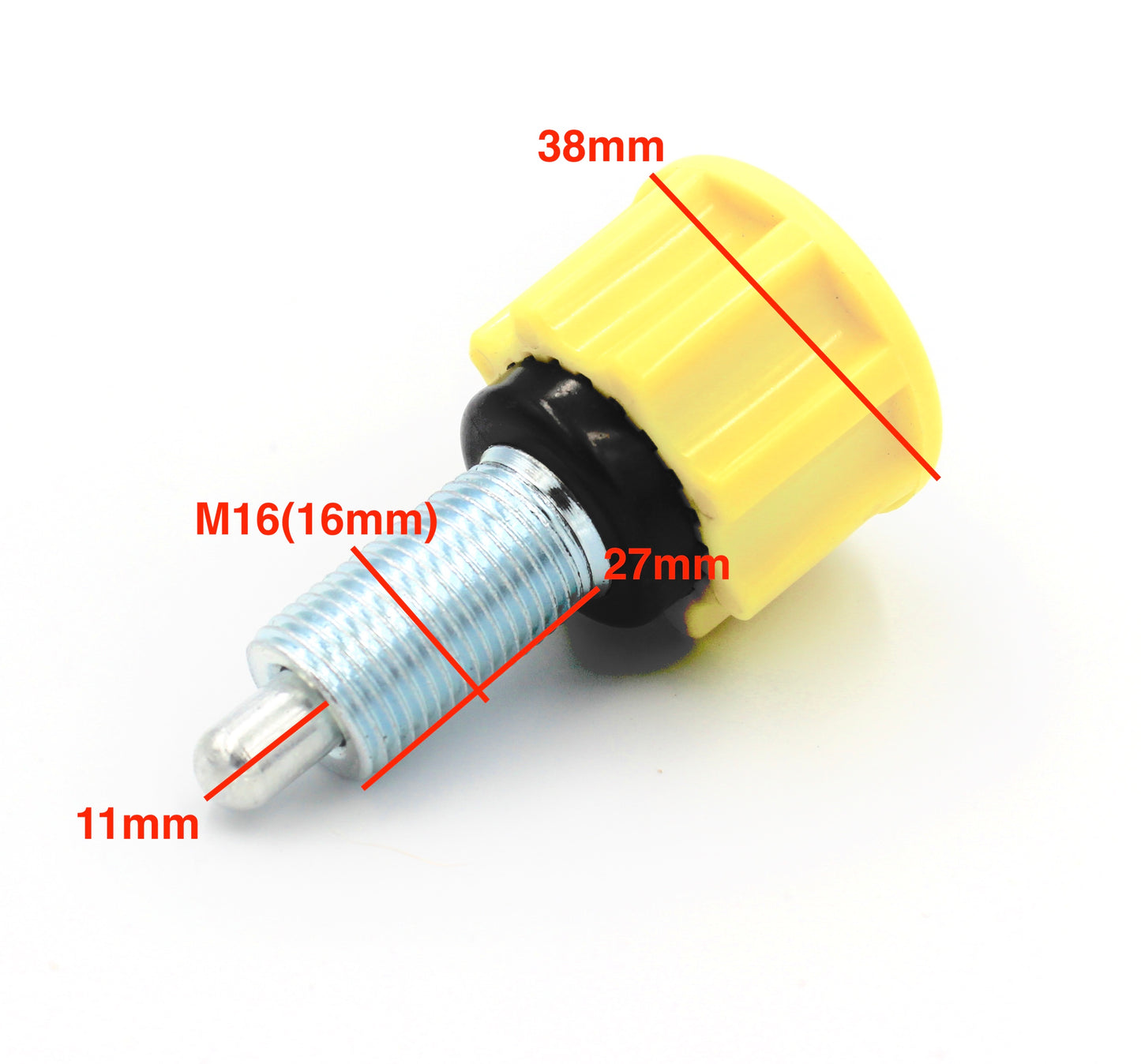Säätöruuvi M16 x 27mm – jousitoiminen, keltainen nuppi 38 mm
