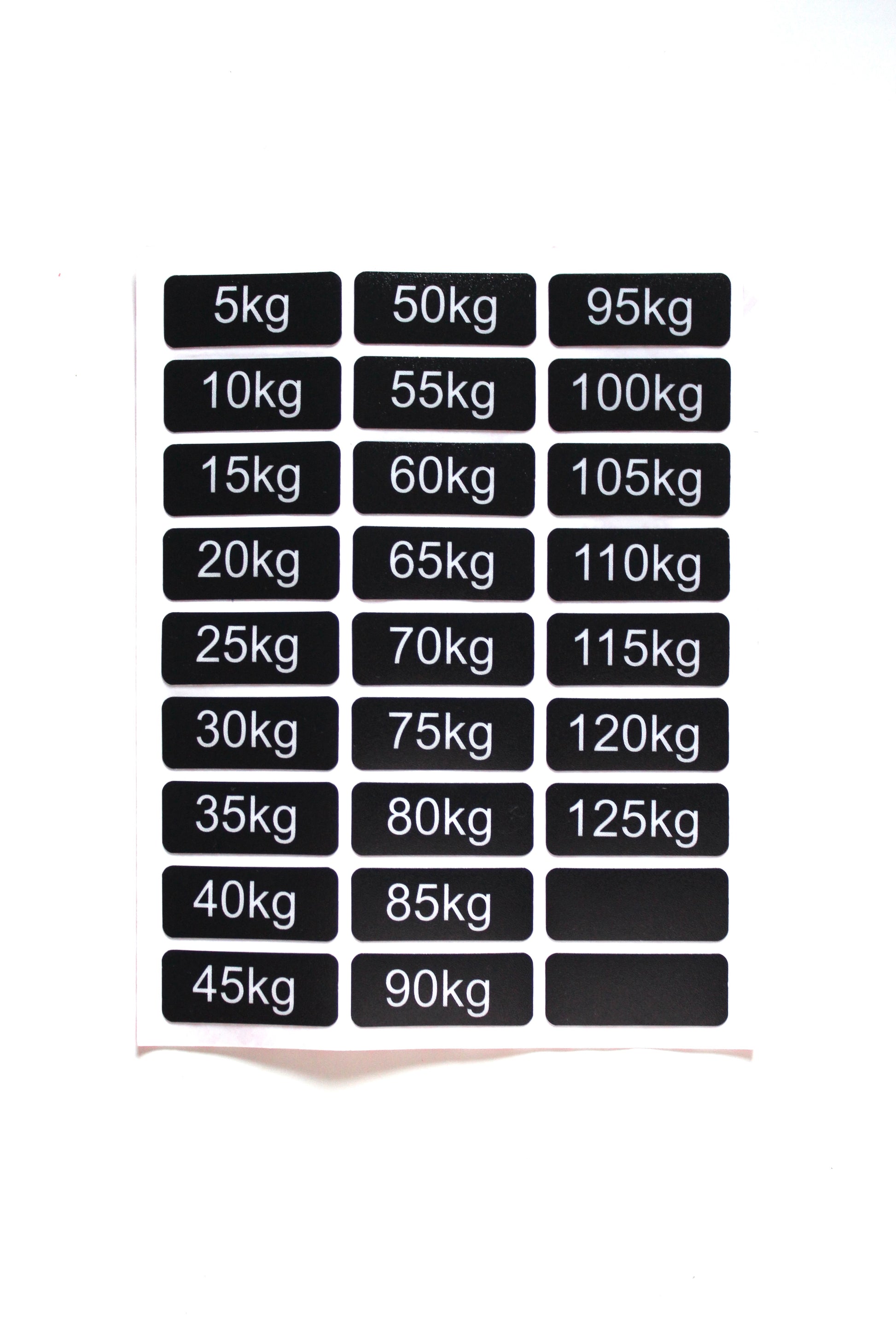 Kestävä tarra painopakan kilomäärien merkintään 5–125 kg
