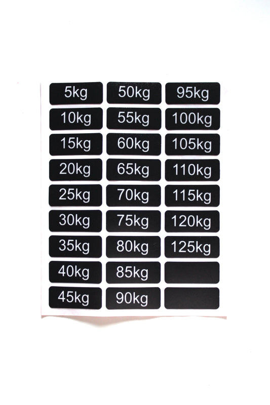 Kestävä tarra painopakan kilomäärien merkintään 5–125 kg
